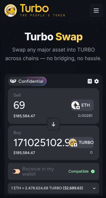 A screenshot of the 'Turbo' cryptocurrency app showing a 'Turbo Swap' interface to sell 69 ETH ($185,584.47) for 17,102,510.29 TURBO tokens.