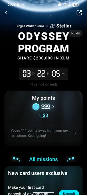 The image shows the Bitget Wallet "Odyssey Program" campaign page for Stellar (XLM), featuring a $200,000 XLM prize pool with a countdown timer showing 3 days, 22 hours, and 5 minutes remaining. It displays 339 points (≈$3) earned, with a note that 111 more points are needed for the next milestone, and highlights an "All missions" section with a "New card users exclusive" deposit offer—relevant to the poster's excitement about accumulating points before the campaign deadline.