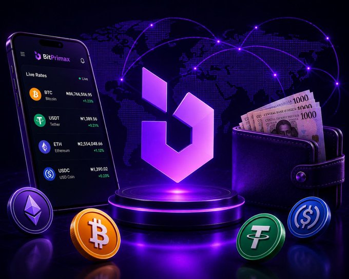 A promotional graphic for 'BitPrimax' showing a smartphone displaying live cryptocurrency rates (Bitcoin, Tether, Ethereum, USD Coin) alongside a glowing purple logo, a wallet of Nigerian 1000 Naira notes, and floating Bitcoin, Ethereum, Tether, and USD coin symbols against a world map backdrop.