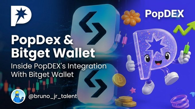 Promotional graphic for PopDEX titled 'PopDex & Bitget Wallet: Inside PopDEX's Integration With Bitget Wallet,' featuring the PopDEX logo, a cartoon 'P' mascot, cryptocurrency icons, and the handle @bruno_jr_talent.