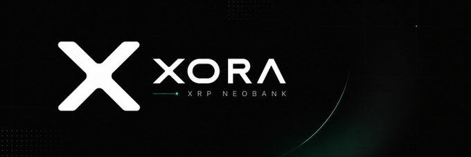 The image displays the logo and branding for "XORA - XRP Neobank," featuring a bold white "X" alongside the company name on a dark background. It relates to the post by visually presenting XORA as a potential solution for XRP holders seeking to make their holdings more useful without selling, aligning with the user's mention of exploring options for their idle XRP.