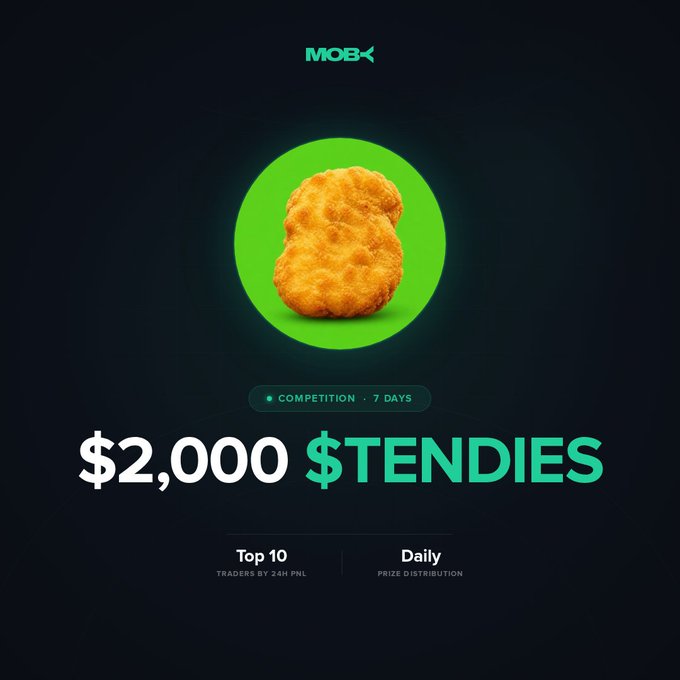 A promotional graphic for Moby's "$2,000 $TENDIES" competition features a golden chicken nugget centered on a bright green circle against a dark background, with details noting a 7-day competition awarding daily prizes to the top 10 traders by 24h PnL.