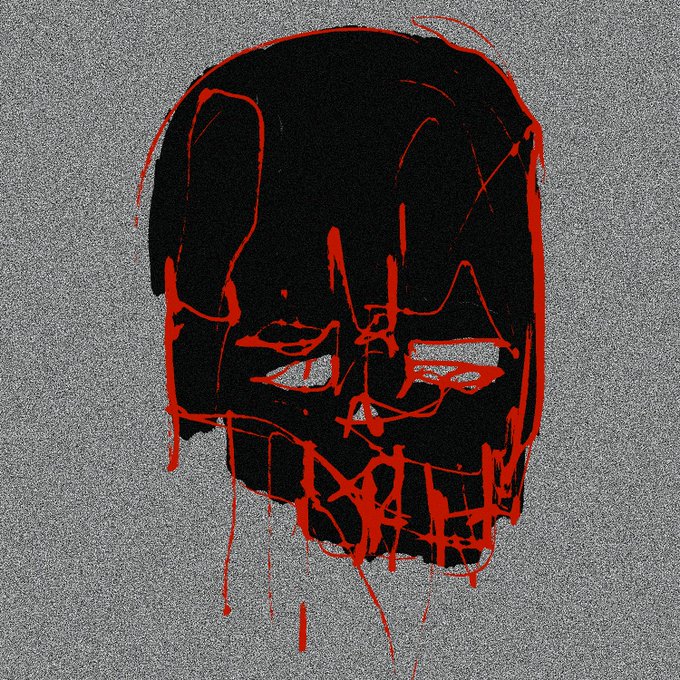 A stark, dark silhouette of a skull is rendered with bold black strokes against a grainy grey background, accented by dripping red paint that runs down from the eyes and mouth.