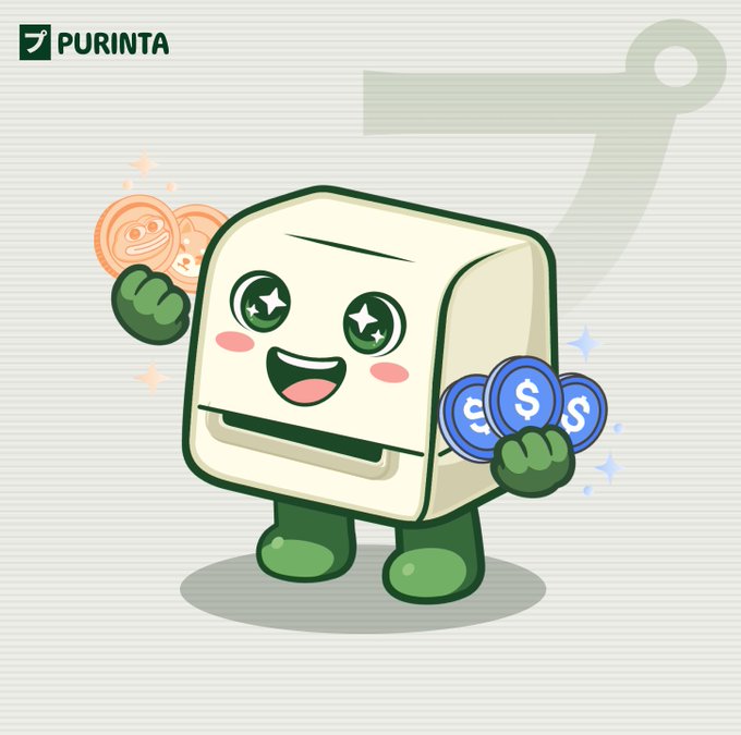A cute cartoon mascot shaped like a receipt/document with starry eyes cheerfully holds up coins (orange memecoins on the left and blue USDC coins marked with "$" on the right). The image relates to the post's message by visually representing the deposit memecoins/borrow USDC strategy, with the "PURINTA" logo (app.purinta.xyz) in the top-left corner tying the mascot to the platform where users can profit from borrowing.