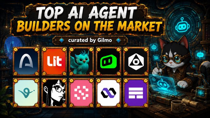 The image features a poster with various AI agents displayed against a black background. The poster includes logos for different AI agents such as Lit, Solana, Base, and others. The text at the bottom of the poster reads "Top AI Agent builders on the market - What AI agents need to survive? AI agents are everywhere right now, launching across Base, Solana and many other ecosystems". This suggests that there is a competition among these AI agents for survival in the market.