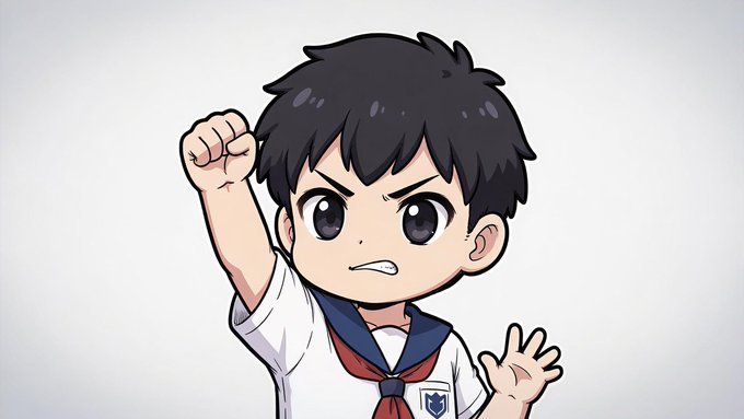 The user wants a concise caption describing the image.
1.  **Identify the subject:** It's an animated character, a young boy with black hair.
2.  **Describe the action/pose:** He has his right fist raised in a gesture of determination or excitement. His left hand is open, palm up. He looks serious or focused.
3.  **Describe the clothing:** He is wearing a white shirt with a blue collar and a red scarf/necktie, which looks like a school uniform (specifically a sailor-style uniform common in East Asia).
4.  **Synthesize:** A cartoon boy in a school uniform raises his fist confidently.
5.  **Relate to the text:** The text mentions "Idol Martin" and "Web3" and "X" (Twitter). The character looks like an energetic idol or student figure, fitting the theme of building a personal brand. The pose suggests determination and effort, aligning with