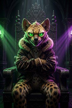 A leopard-like feline with glowing green eyes and a fur coat sits regally on an ornate throne bathed in purple and green light, matching the "unhinged energy" and meme coin aesthetic of the Hyena Cat project referenced in the post.