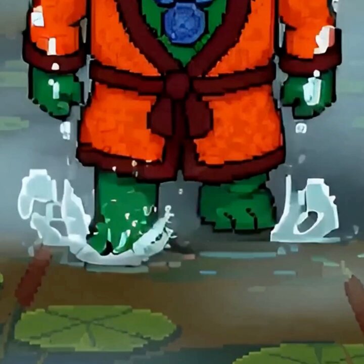 The image features a cartoon frog wearing an orange robe, standing in water with its feet submerged. The background of the image includes green leaves and a pond or lake setting. The caption "Welcome @froglings to the $PACK" suggests that there is something special about this scene, possibly related to the post on social media where the frog character is featured.