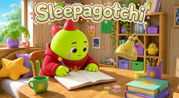 Colorful promotional artwork for 'Sleepagotchi' featuring an adorable green character in a red hoodie writing in a journal at a desk surrounded by books, plants, and star-shaped pillows.
