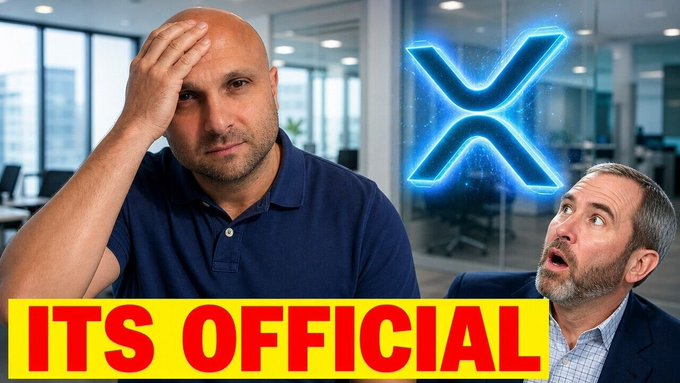 A thumbnail-style image showing two men, one looking stressed with his hand on his head and another looking shocked, with a blue XRP logo and the text 'ITS OFFICIAL' in a yellow banner.