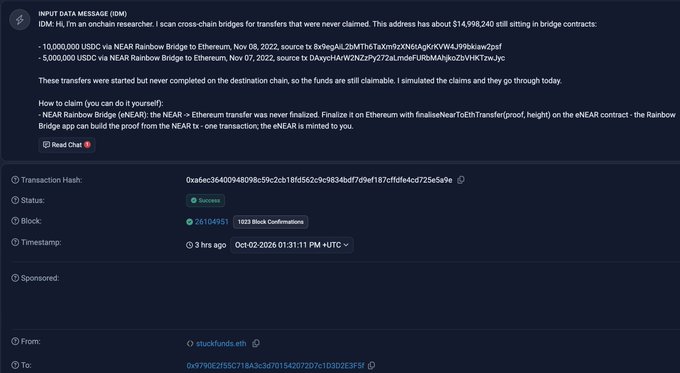 A screenshot of an "INPUT DATA MESSAGE (IDM)" on a blockchain explorer describing an on-chain researcher's recovery of $14,998,240 stuck in contracts, showing a successful transaction from stuckfunds.eth.