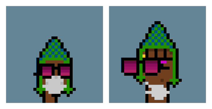 Two side-by-side pixel art character portraits featuring figures with dark skin, white beards, and tall blue and green patterned hats with purple goggles against a gray background.