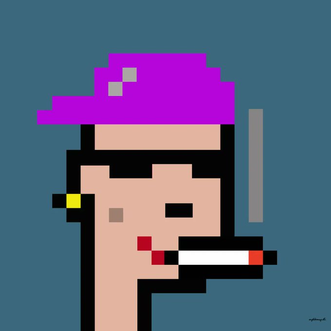Pixel art illustration of a character in profile with bright pink hair, holding a cigarette, set against a blue background.