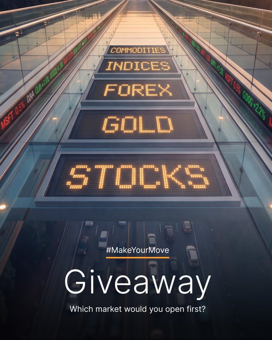 A glowing digital sign displays the five market options—"STOCKS, GOLD, FOREX, INDICES, COMMODITIES"—hovering above a highway at dusk, visually presenting the choices for the 500 USDT giveaway where participants must reply with one of these markets.