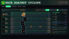 The image shows a computer screen displaying a game interface with various elements, including a scoreboard for a racing game called "Race Against Cyclops" that has been won by a player named "Gator". The player has earned a raffle ticket as a prize in the game.