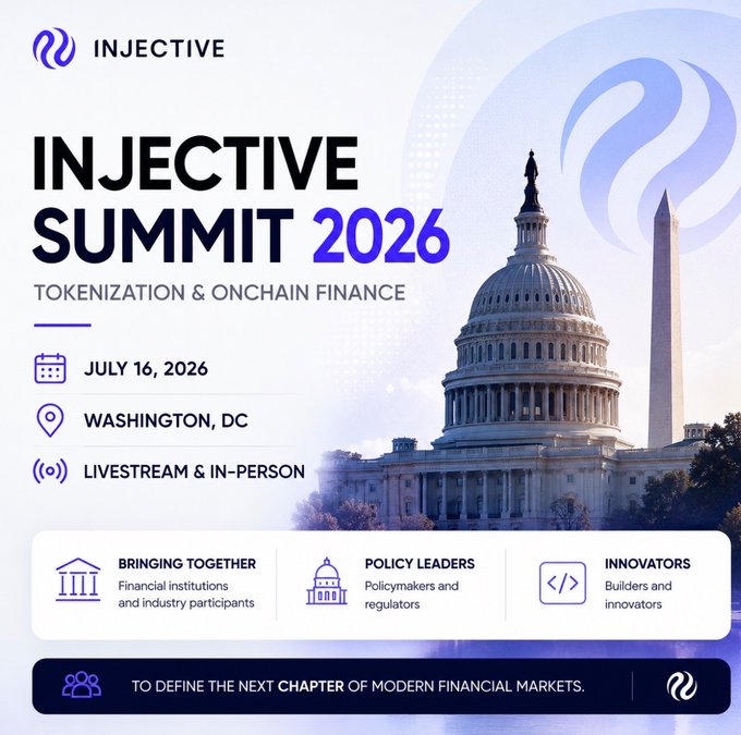 The image features a poster for an Injective Summit held at the U.S. Capitol building in Washington D.C. The poster includes a photo of the iconic U.S. Capitol, along with details about the event, such as its date, time, and location. The main focus is on the Capitol building itself, showcasing its architectural beauty and emphasizing the significance of the gathering at this historic site.