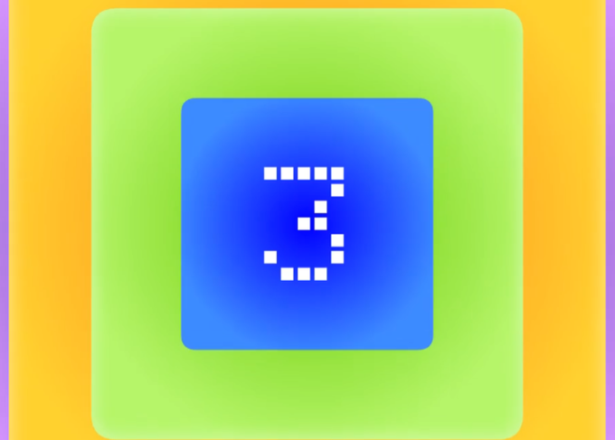 A digital countdown graphic displaying the number '3' in white pixelated style on a blue square background, framed by green and yellow borders.