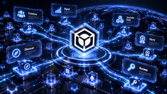 A futuristic digital interface displays a central cube logo surrounded by interconnected nodes labeled "Creators," "Signal," "Onchain Data," "Merit," "Discover," and "Access," all linked by glowing blue circuitry. The visualization illustrates how Nucleus separates surface-level activity metrics from underlying reputation and merit signals within a web3 ecosystem.