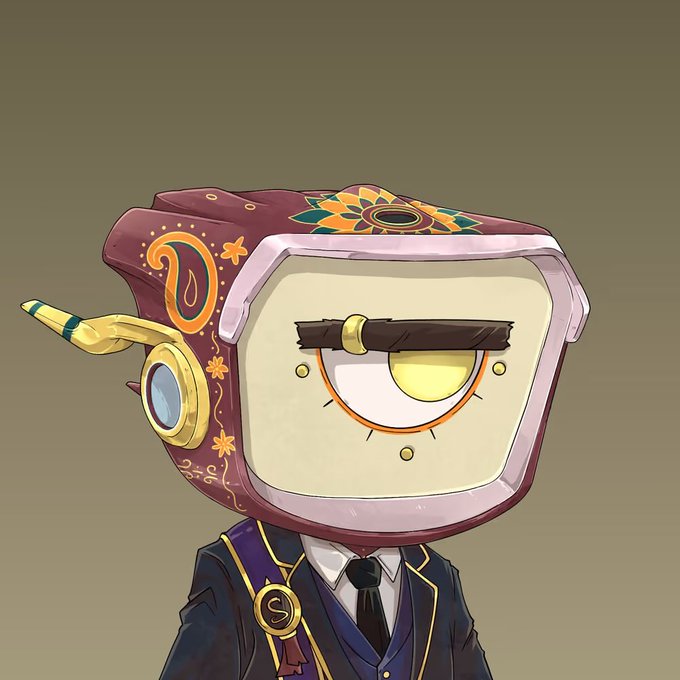 A stylish robotic character with a single eye and ornate decorative details on its TV-like head, dressed in a sharp suit with a tie, perfectly captures the artistic vibe and high-quality design of the newly revealed Blokyz NFT collection.