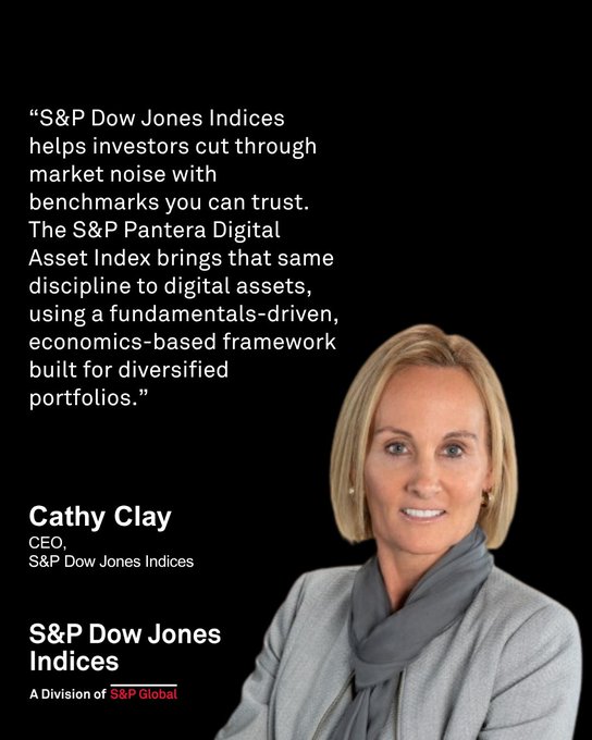 A promotional graphic featuring Cathy Clay, CEO of S&P Dow Jones Indices, with a quote about the S&P Pantera Digital Asset Index helping investors navigate digital asset markets with fundamentals-driven benchmarks.