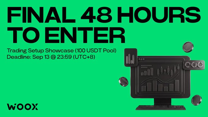A bright green promotional graphic announcing 'FINAL 48 HOURS TO ENTER' for a 'Trading Setup Showcase (100 USDT Pool)' with a deadline of 'Sep 13 @ 23:59 (UTC+8)', branded with 'WOOX' and featuring a 3D black monitor icon.