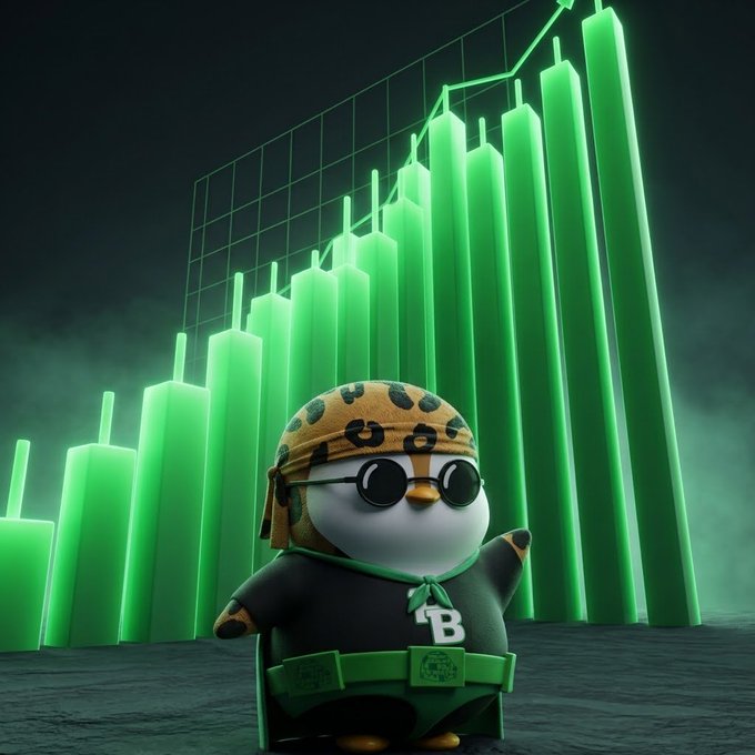A 3D-rendered penguin character wearing sunglasses, a leopard-print bandana, and a necklace with a 'B' pendant, standing in front of a glowing green bar chart and line graph.