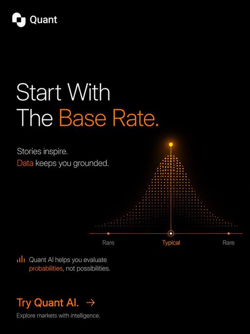 A dark-themed advertisement for Quant with the headline 'Start With The Base Rate.' It features a bell curve graph illustrating probability distribution with 'Rare', 'Typical', and 'Rare' labels, and promotes 'Quant AI' for evaluating probabilities.