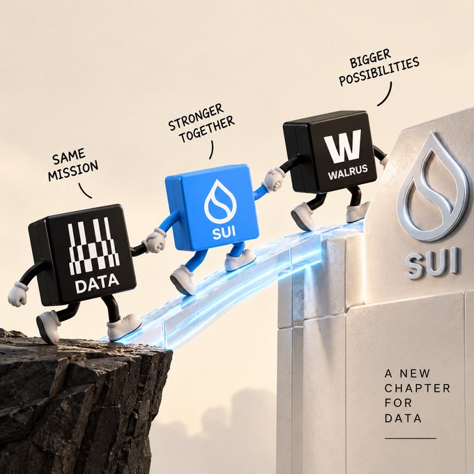 A 3D animated promotional graphic showing three block characters labeled 'DATA,' 'SUI,' and 'WALRUS' crossing a glowing bridge between cliffs, with text reading 'SAME MISSION,' 'STRONGER TOGETHER,' 'BIGGER POSSIBILITIES,' and 'A NEW CHAPTER FOR DATA.'