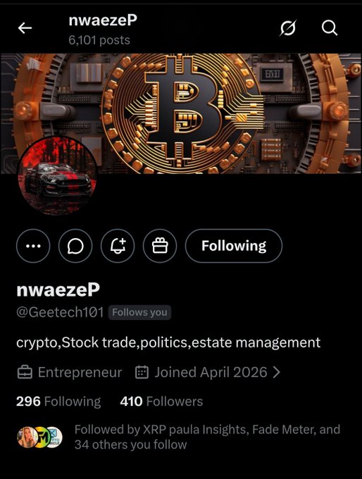 The image is an Instagram profile for user "nwaezeP" (@Geetech101), featuring a Bitcoin-themed banner, 6,101 posts, 296 following, and 410 followers, with a bio listing "crypto, Stock trade, politics, estate management." The profile directly corresponds to the post's shoutout, identifying Troy (@Geetech101) as a featured XRP HODLer.