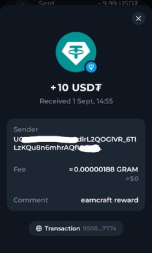 A screenshot of a mobile app shows a successful transaction receiving '+10 USDT' on September 1st at 14:55, with a partially redacted sender address and a comment reading 'earncraft reward'.