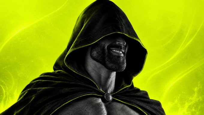 A mysterious hooded figure with a bearded, smiling face shown in black and white against a vibrant lime-green background.