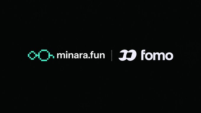 A dark promotional banner featuring the pixel-art "minara.fun" logo alongside the "fomo" logo, separated by a vertical divider, announcing the integration of Minara.Fun tokens on the Fomo trading platform.