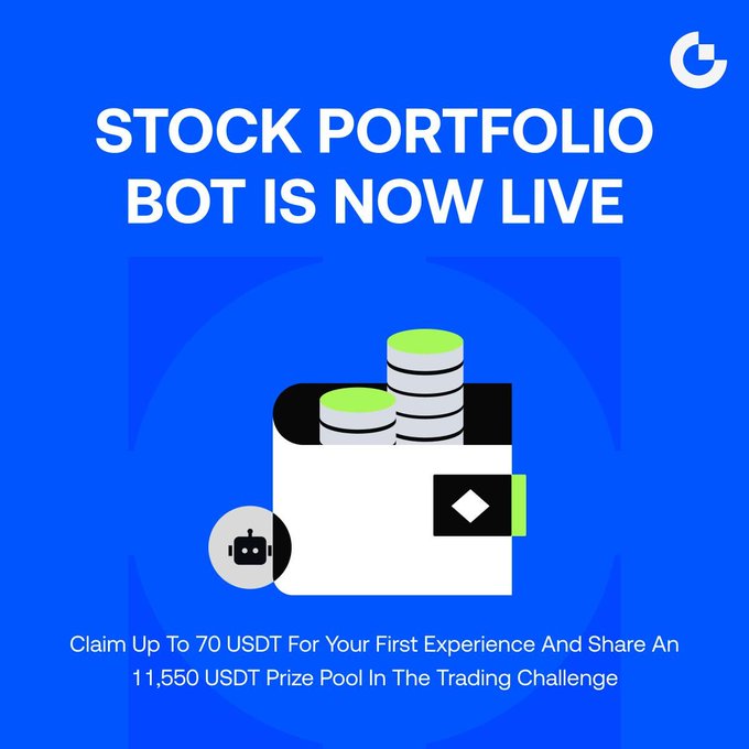 A promotional graphic with a blue background announces "STOCK PORTFOLIO BOT IS NOW LIVE" in large white text, featuring an illustration of a wallet containing coins and a small robot icon. At the bottom, it reads "Claim Up To 70 USDT For Your First Experience And Share An 11,550 USDT Prize Pool In The Trading Challenge," reinforcing the post's offer of a 70 USDT trial fund and 11,550 USDT prize pool for Gate's new stock portfolio trading bot.