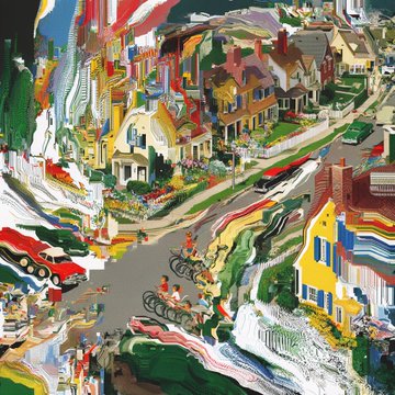 A vibrant, impressionistic painting depicting a colorful neighborhood street scene with houses and cyclists rendered in a distorted, expressive style.