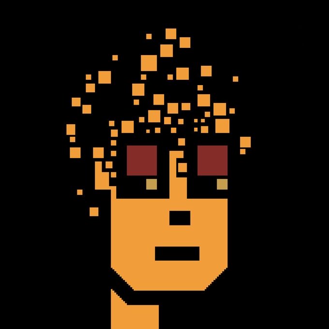 A pixel art portrait depicts a person with red sunglasses and orange/curly hair against a black background.