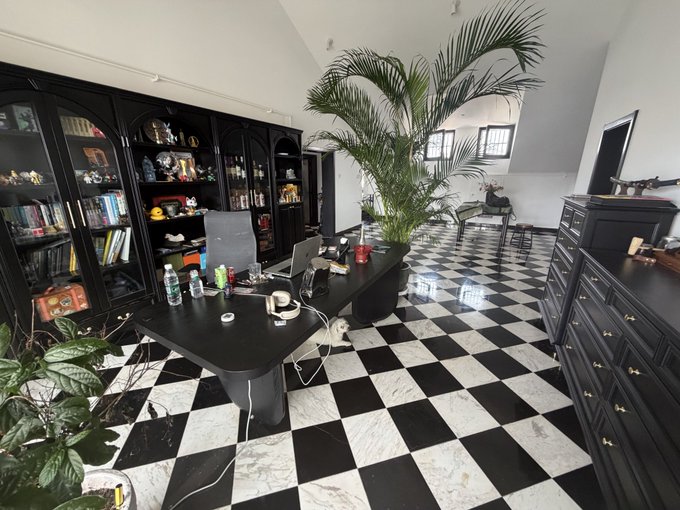 A spacious room featuring a striking black and white checkered marble floor, black bookshelves filled with figurines and books, a black desk with monitors, and large green plants.