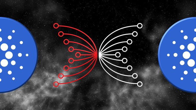 An illustration showing two large blue circular nodes with white dots connected by multiple red and white lines with small circles at the ends, set against a starry background.