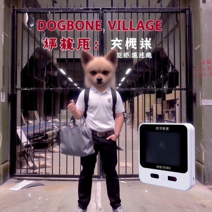 A person with a Shiba Inu dog's head, dressed in business attire and holding a briefcase, stands in front of a gate labeled "DOGBONE VILLAGE" with Chinese characters, accompanied by a small TV monitor to their right. The image playfully suggests the poster is making a quirky, meme-style announcement now that their timeline visibility has been restored.