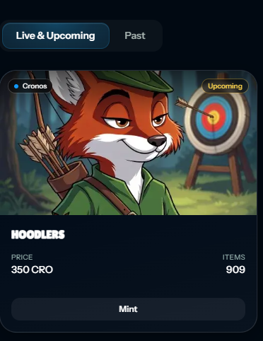 A mobile app screen displays an upcoming NFT collection called 'HOODLERS' on the Cronos blockchain, priced at 350 CRO with 909 items and a Mint button.
