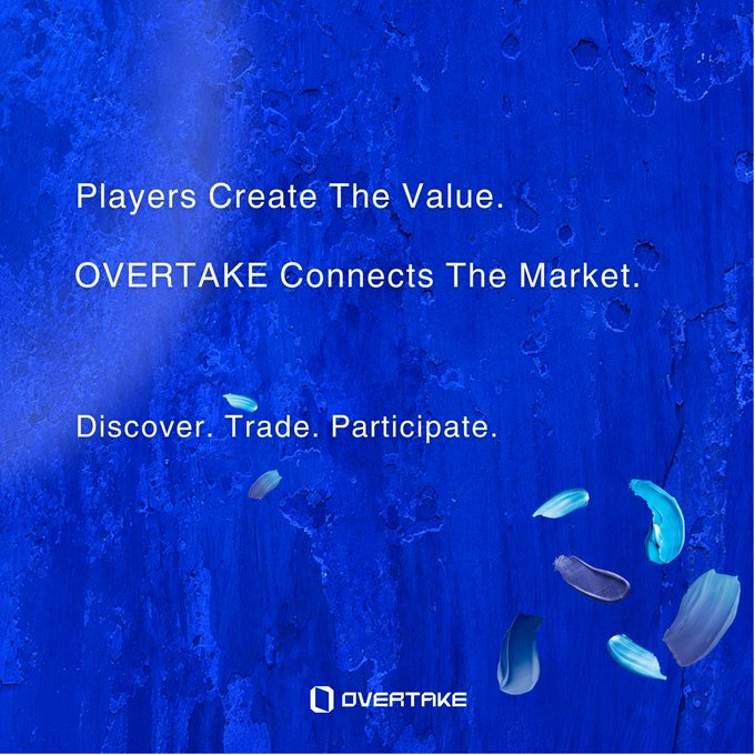 A promotional graphic for OVERTAKE featuring the tagline "Players Create The Value. OVERTAKE Connects The Market. Discover. Trade. Participate." displayed in white text against a textured deep blue background with floating paint-like brushstrokes and the OVERTAKE logo at the bottom. The image visually reinforces the message by positioning the platform as a simple, connected marketplace built around how players actually trade gaming assets.