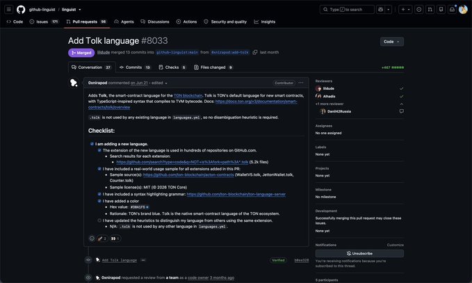 A GitHub pull request page titled 'Add Tolk language #8033' shows details about adding the TON smart-contract language to a linguist repository, including merge status and a checklist.