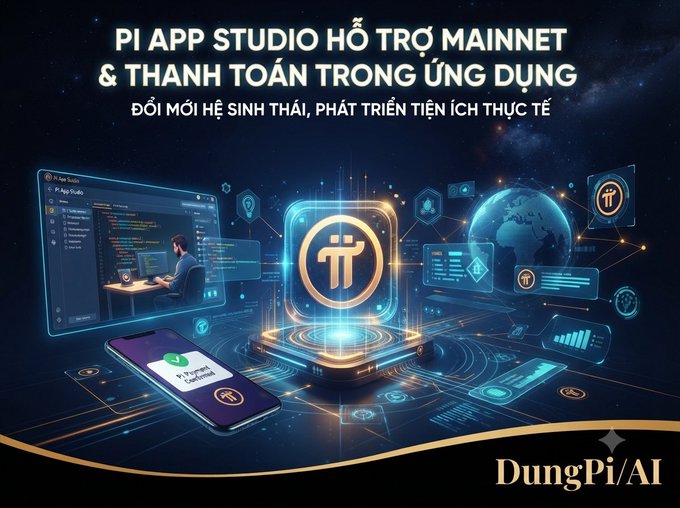 **Caption:** A promotional graphic titled "PI APP STUDIO HỖ TRỢ MAINNET & THANH TOÁN TRONG ỨNG DỤNG — ĐỔI MỚI HỆ SINH THÁI, PHÁT TRIỂN TIỆN ÍCH THỰC TẾ," featuring the Pi Network logo alongside digital interfaces showing app development and in-app payment functionality, branded with "DungPi/AI" — visually reinforcing Pi Network's milestone integration of Mainnet support and real-world payment utility within its ecosystem.