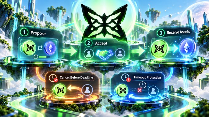 A futuristic fantasy infographic illustrates a 3-step transaction flow ('Propose', 'Accept', 'Receive Assets') with a butterfly/moth logo, plus options for 'Cancel Before Deadline' and 'Timeout Protection', set against floating islands and waterfalls.