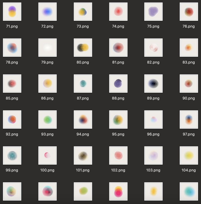 A grid of colorful abstract circular gradient images numbered 71.png through 104.png, displayed on a dark background as part of an NFT mint collection that will end tomorrow.