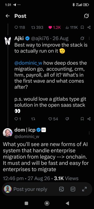 A screenshot of an X (formerly Twitter) post by user @ajki76 replying to @dominic_w about enterprise migration software, with @dominic_w responding about new AI systems handling enterprise migrations.
