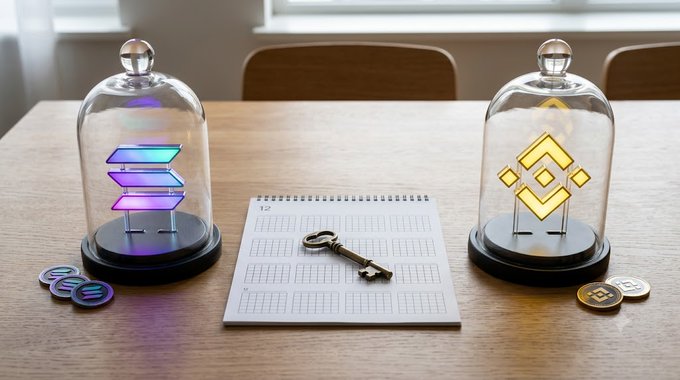A conceptual image featuring a Solana logo and a Binance logo in glass domes on a desk, flanking a calendar with a key on it, accompanied by cryptocurrency coins.
