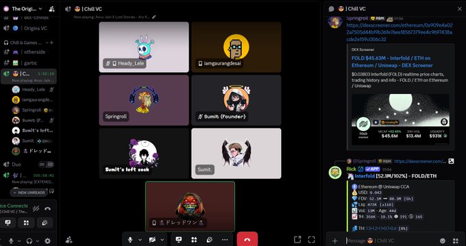 A Discord interface for 'Chi! VC' displaying video call participants including 'Heady_Lele' and 'i-amgurangdesai', with chat messages discussing cryptocurrency on DEX Screamer including ticker 'FOLD/ETH' on Uniswap CCA.