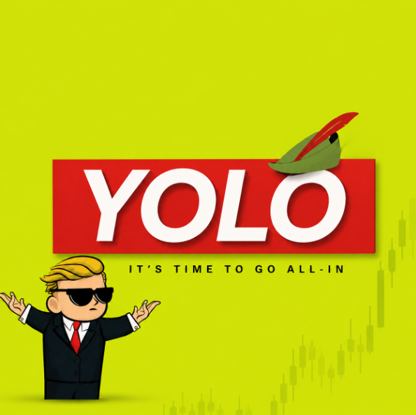 A cartoon character with blonde hair and sunglasses stands with arms outstretched beneath a red banner reading "YOLO" with the tagline "IT'S TIME TO GO ALL-IN," set against a green background with candlestick chart graphics. The image ties to the post's theme of encouraging commitment to the $YOLO token, visually reinforcing the "go all-in" message about backing the project early.