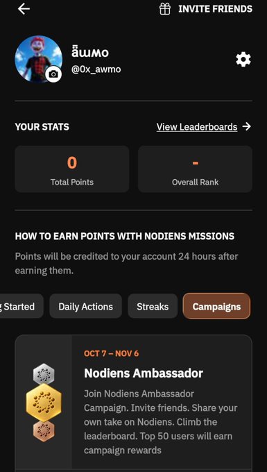 A mobile app screen for Nodiens showing user stats for 'ãшмо (@0x_awmo)' with '0 Total Points' and information on 'Nodiens Ambassador' campaign running Oct 7 to Nov 6.