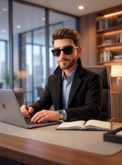 A man in a dark suit and sunglasses works on a laptop in a modern office setting.